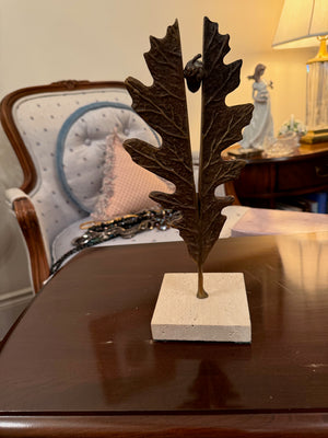 Brass Oak Leaf Sculpture by Josef Petriska, Travertine Base