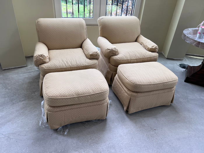 Pair of Drexel Heritage Upholstery Collection Armchairs + Ottomans