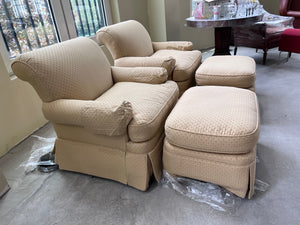 Pair of Drexel Heritage Upholstery Collection Armchairs + Ottomans