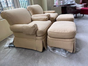 Pair of Drexel Heritage Upholstery Collection Armchairs + Ottomans