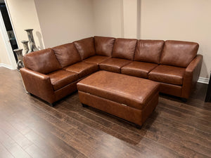The Chesterfield Shop Custom Made Sectional Sofa in Londonberry Chestnut Leather + Matching Storage Ottoman (*less than 4 years old)
