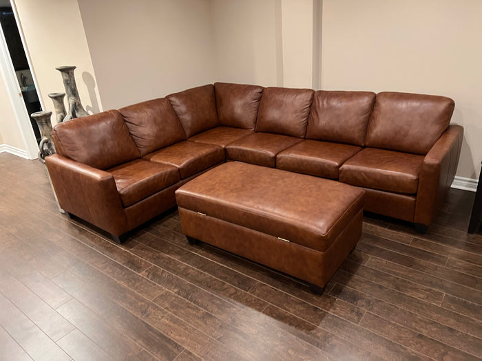 The Chesterfield Shop Custom Made Sectional Sofa in Londonberry Chestnut Leather + Matching Storage Ottoman (*less than 4 years old)