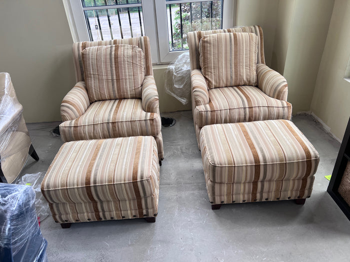 Pair of Drexel Heritage Upholstery Collection Striped Armchairs + Ottomans