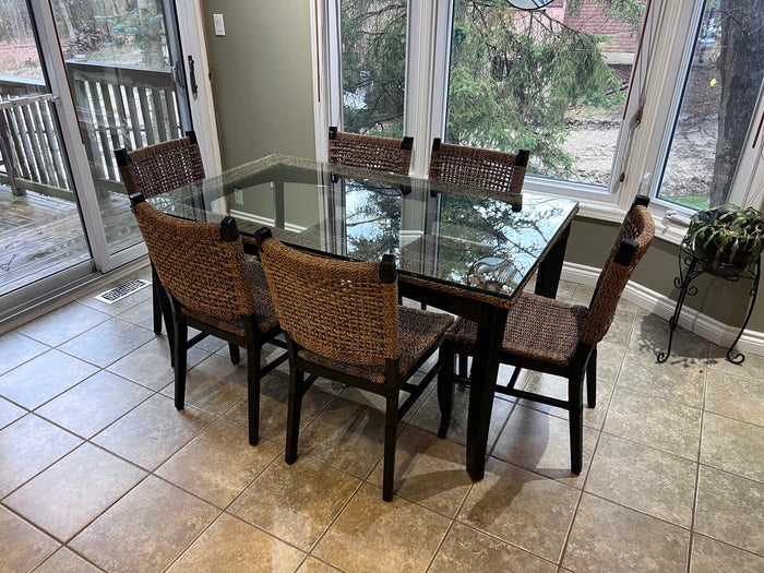 Woven Rope Style & Glass Dining Table + 6 Chairs