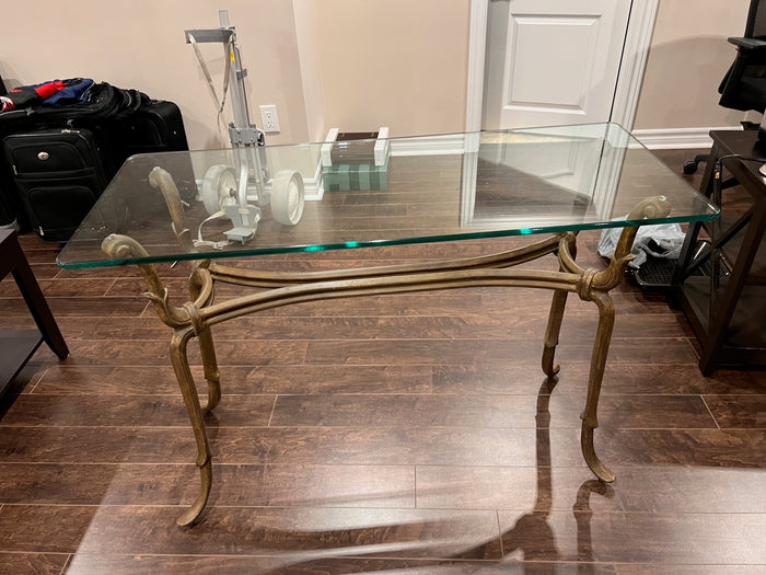 Glass Console Table, Brushed Gold Metal Base
