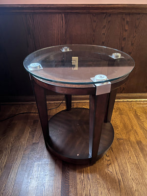 Glass Top Wood Side Table on Wheels
