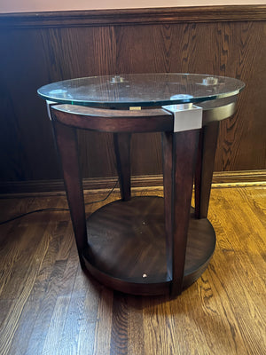 Glass Top Wood Side Table on Wheels