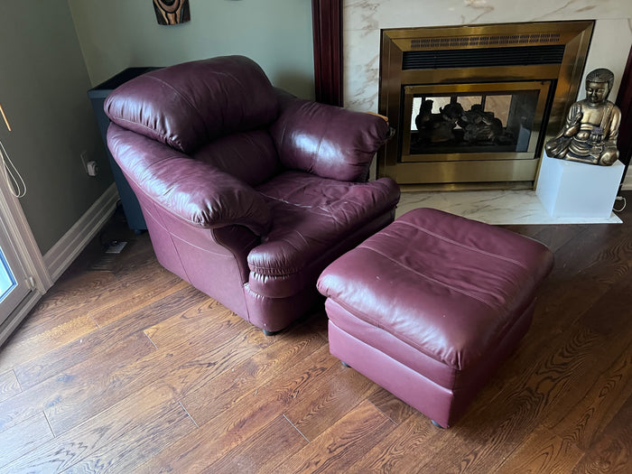 Burgundy 100% Leather Armchair + Ottoman