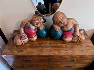 2 Oriental Wood Carvings, Boy and Girl