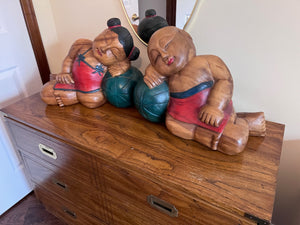 2 Oriental Wood Carvings, Boy and Girl