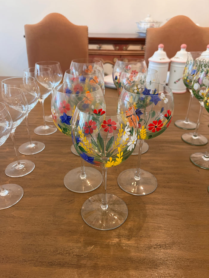 7 Floral Hand Painted Wine Glasses