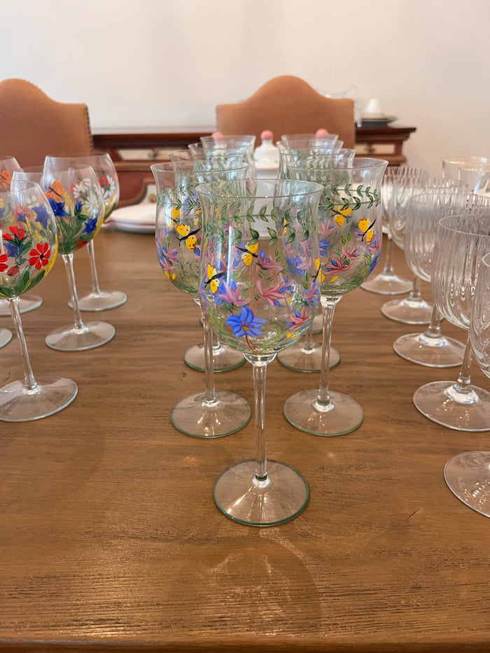9 Floral Hand Painted White Wine Glasses