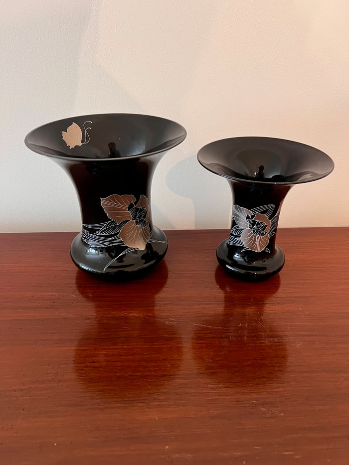 2 Hutschenreuther Germany Leonard Paris Black & Gilded Flower Trumpet Vases