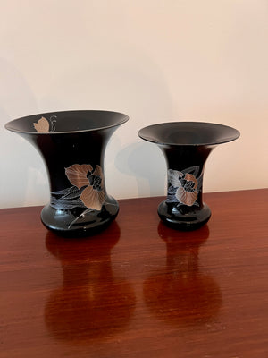 2 Hutschenreuther Germany Leonard Paris Black & Gilded Flower Trumpet Vases