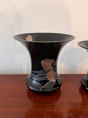 2 Hutschenreuther Germany Leonard Paris Black & Gilded Flower Trumpet Vases