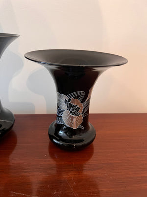 2 Hutschenreuther Germany Leonard Paris Black & Gilded Flower Trumpet Vases