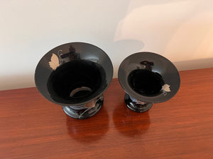 2 Hutschenreuther Germany Leonard Paris Black & Gilded Flower Trumpet Vases