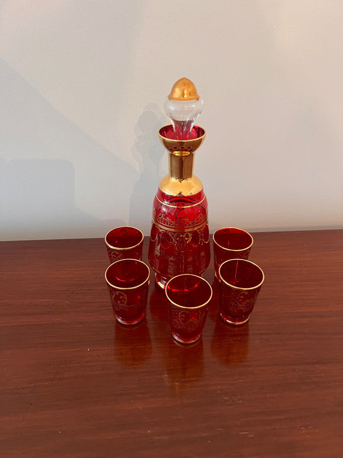 Vintage Red Venetian Decanter with 5 Shot Glasses