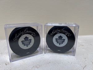 2 Toronto Maple Leafs Pucks Signed by Bobby Baun #21
