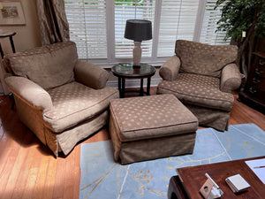 2 Upholstered 'The Art Shoppe' Armchairs + Ottoman