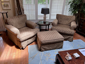 2 Upholstered 'The Art Shoppe' Armchairs + Ottoman