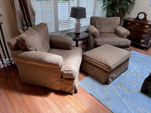 2 Upholstered 'The Art Shoppe' Armchairs + Ottoman