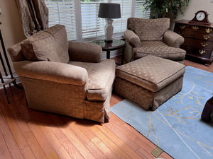 2 Upholstered 'The Art Shoppe' Armchairs + Ottoman