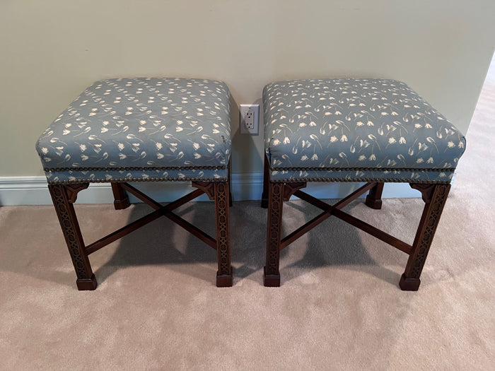 Pair of Ottomans w/Wood Carved Frame