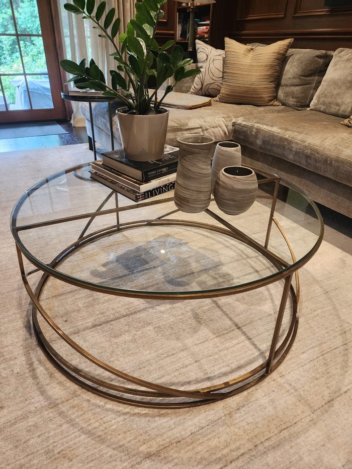 Designer Round Glass Gold Coffee Table (*retail $2000)