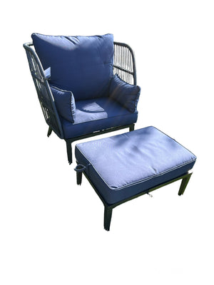 Navy Blue Wicker and Steel Large Chair and Ottoman with Olefin Fabric (*retail price $750)