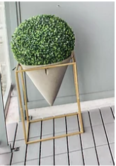 2 Planters – brushed gold frame, Faux concrete planter and faux boxwood Topiary balls
