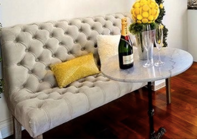 BRAND NEW Velvet light grey tufted banquette + HomeSense Round marble bistro table (*sold as a lot)