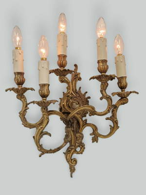 Pair of Large French "Rococo" 5-Light Brass Wall Sconces
