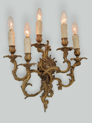 Pair of Large French "Rococo" 5-Light Brass Wall Sconces