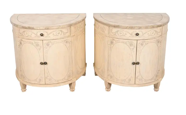 Pair of Drexel Heritage Italian Neoclassical Demilune Cabinets/Side Tables