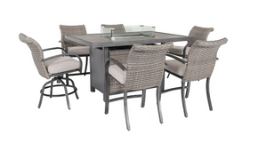 Cane Estates 7-Piece Woven Aluminum Balcony Height Dining Set with Gas Fire Table (*retail $1,598)
