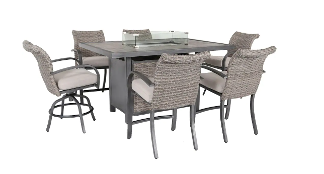 Cane Estates 7-Piece Woven Aluminum Balcony Height Dining Set with Gas Fire Table (*retail $1,598)