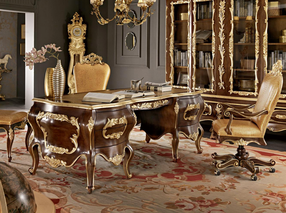 'Modenese Gastone Luxury Interiors' Baroque Desk 11302, Walnut Finish with Gold Leaf Details and Genuine Leather Top, Made in Italy (*retail $60,000)