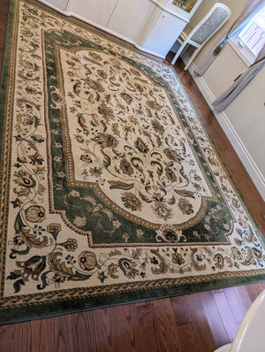 Kilim Ivory/Dark Green Rug- 8x11ft, Made in Turkey