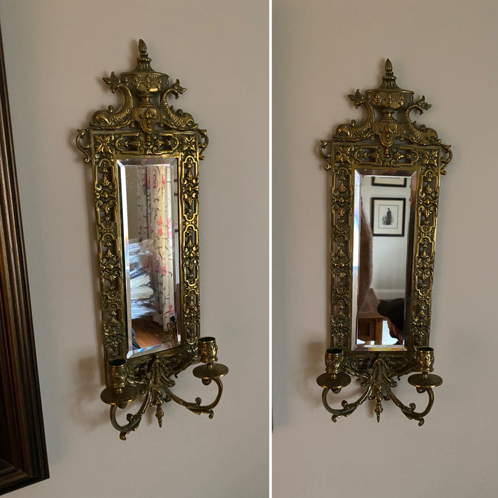 Pair of American Victorian Bradley & Hubbard 3502 Gilt Mirrored Wall Mount Sconces
