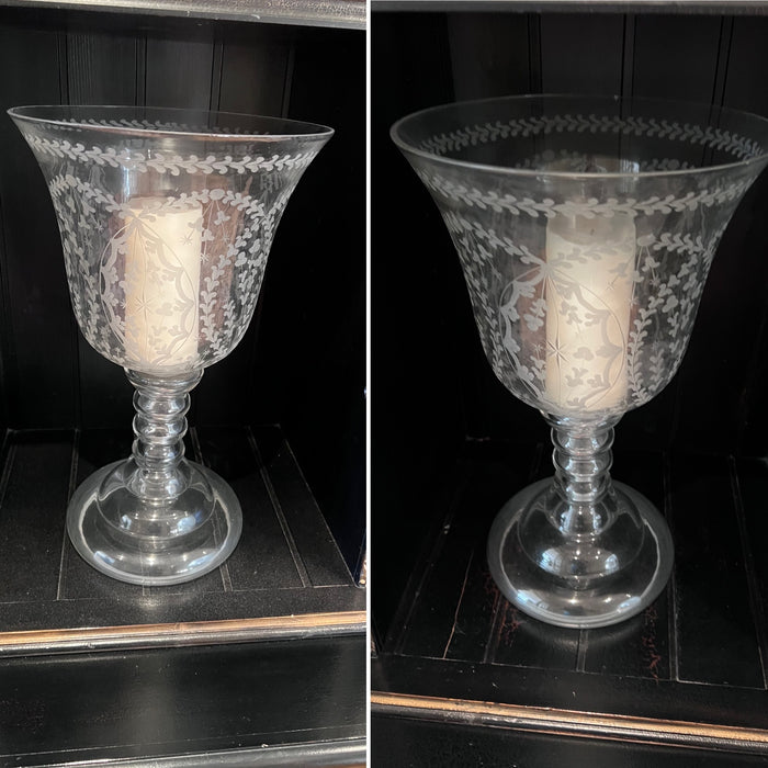 Pair of Etched Glass Urns, 18"
