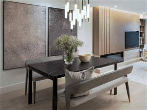 *BRAND NEW Custom Made Black Porcelain Top Dining Table, with 2 Sunpan Madura Banquettes in Belfast Heather Grey/Bravo Metal (*Retail value $6,400)