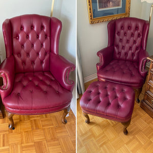 2 Red Leather Wingback Chairs + 1 Ottoman