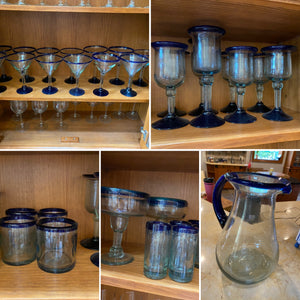 Mouth Blown Glassware Lot, Blue Accents- from Mexico