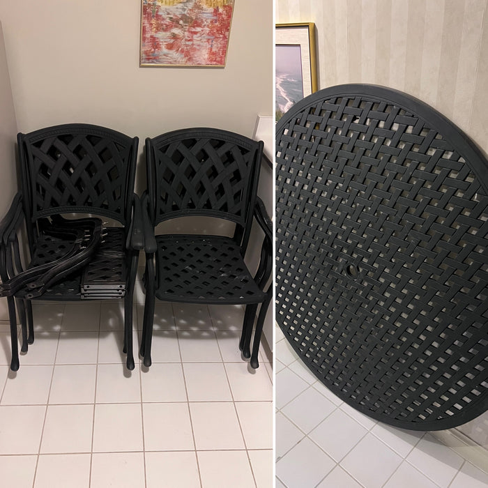 Cast Aluminum Round Patio Table + 6 Chairs (Shown disassembled)