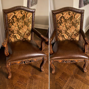 2 Brown Leather Armchairs, Wood Carved Frame