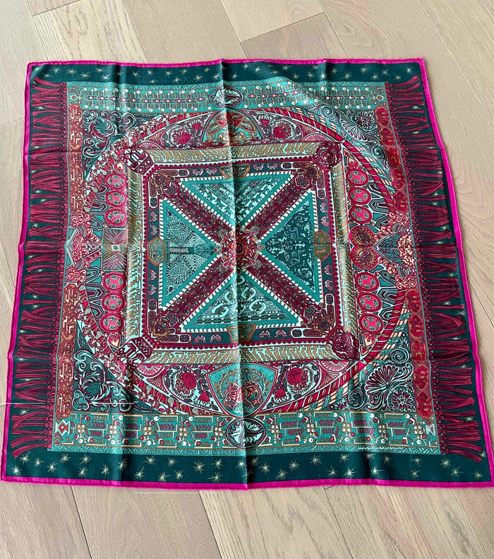 Hermes 'Sur Un Tapis Volant by Pierre Marie' Cashmere/Silk, Turquoise/Pink 90cm Scarf