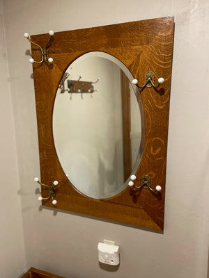 Antique Wall Mirror with Brass Coat Hooks