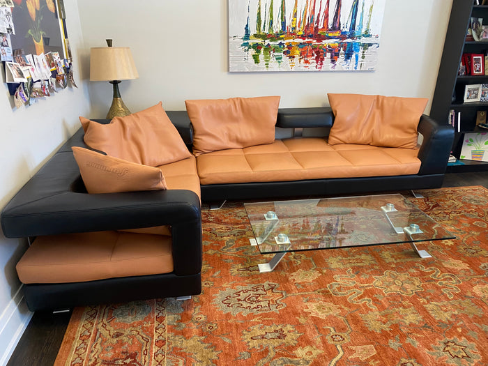 Formenti Italian Wave Leather Sectional Sofa + Low Profile Glass Coffee Table