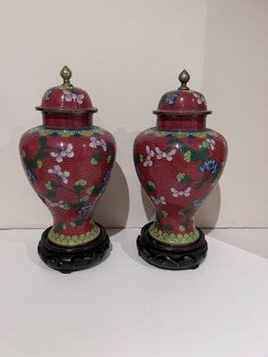 Pair of Chinese Red Cloisonné Lidded Vases, with Stands